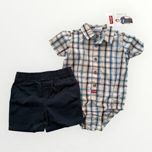 Wrangler Infant Set Size 24 Months Top Plaid Button up and Navy Shorts Brand New
